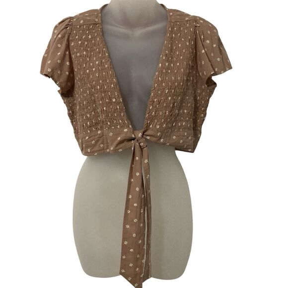 American Eagle Outfitters Tops - American Eagle Womens Large Crop Top Brown White Floral Boho Smocked Tie Front